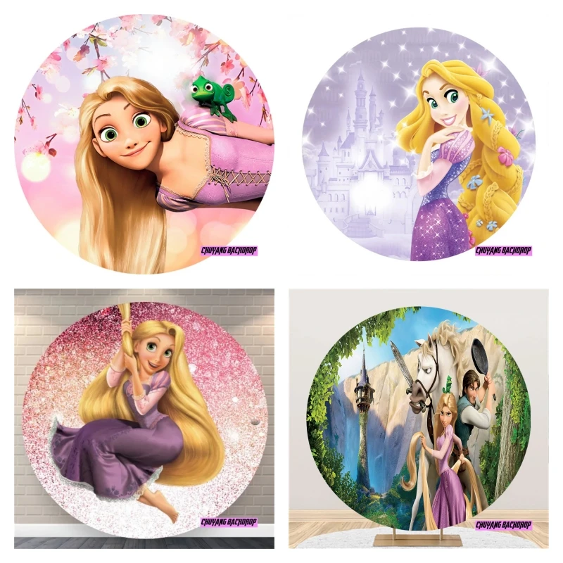 

Romantic Lights Princess Girls Tangled Rapunzel Round Backdrop Cover Happy Birthday Party Elastic Circle Background Backdrop