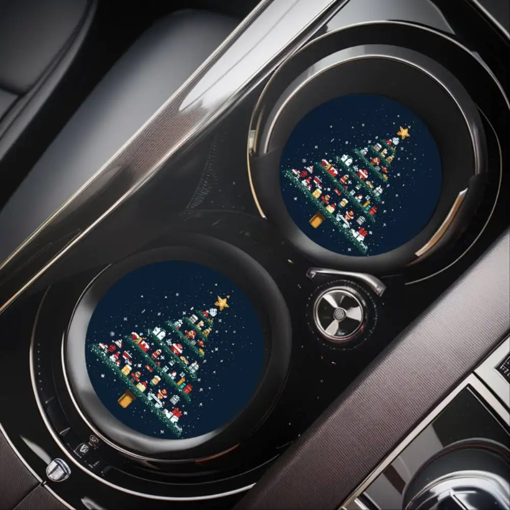 Pixelated Christmas Tree Car Cup Holder Coasters 2pcs Non-Slip Rubber Drink Mats For Vehicle Interiors