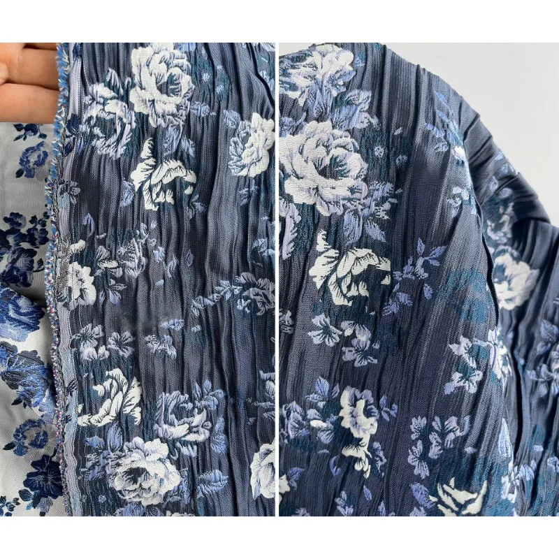 White Rose Deep Blue Pleated Jacquard Muscle Fabric Creative DLY Handmade Bag High-end Clothing Decoration Designer Fabric