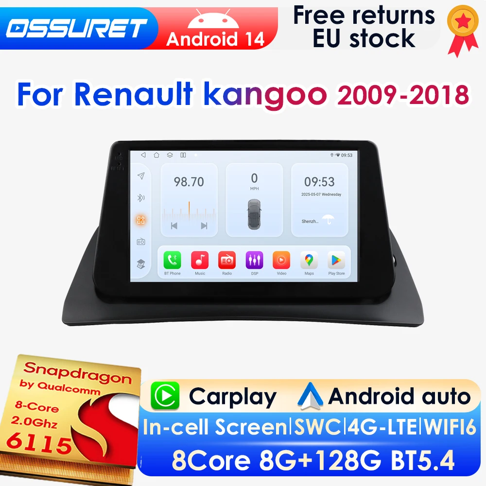 OSSURET AI Carplay Android 14 Autoradio für Renault Kangoo 2009-2018 GPS Multimedia 4G DSP BT RDS 360-Grad-Kamera mit Snapdragon 6115