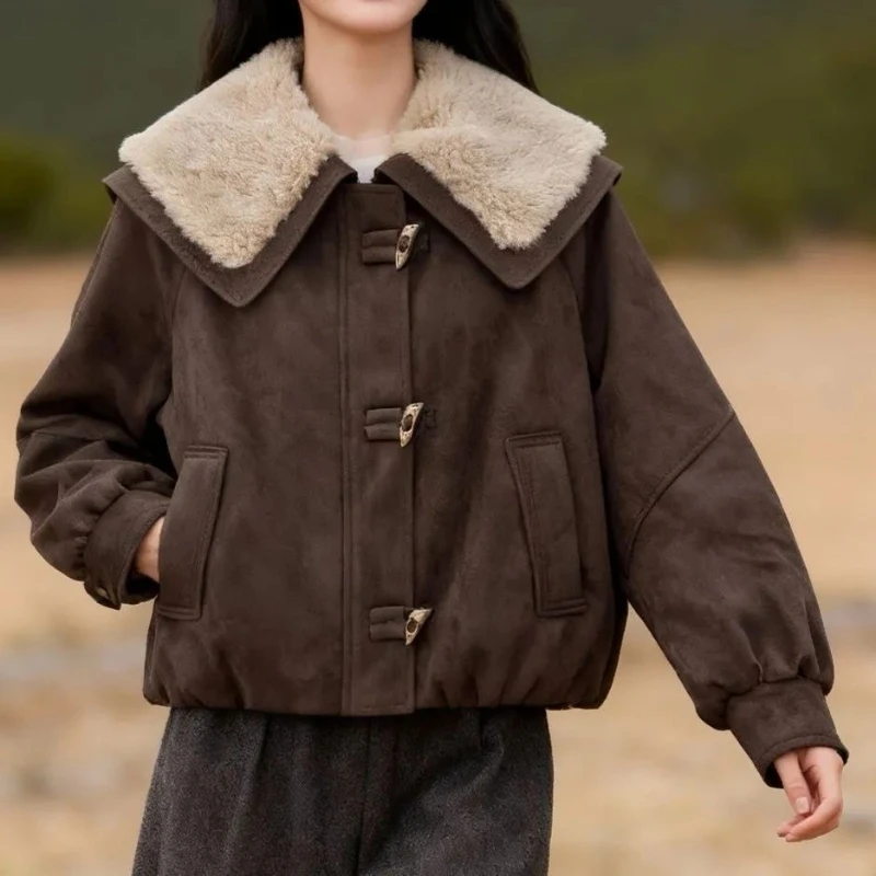 

Lamb lapel splicing fleece thickened cotton-padded clothes short 2025 autumn and winter new models