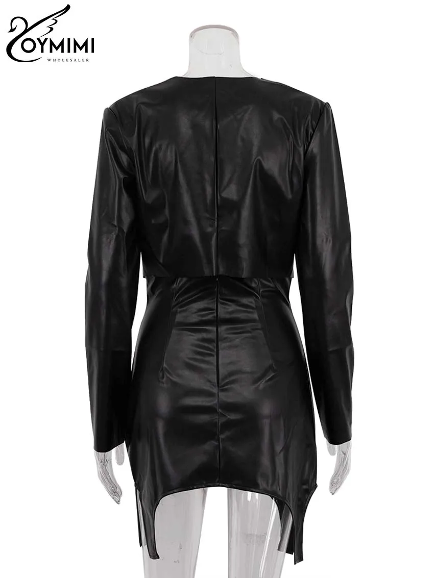Oymimi lässig schwarz pu Leder Damen 2 Stück Outfit Set elegante O-Ausschnitt Langarm Crop Tops und hohe Taille schlanke Minirock-Set