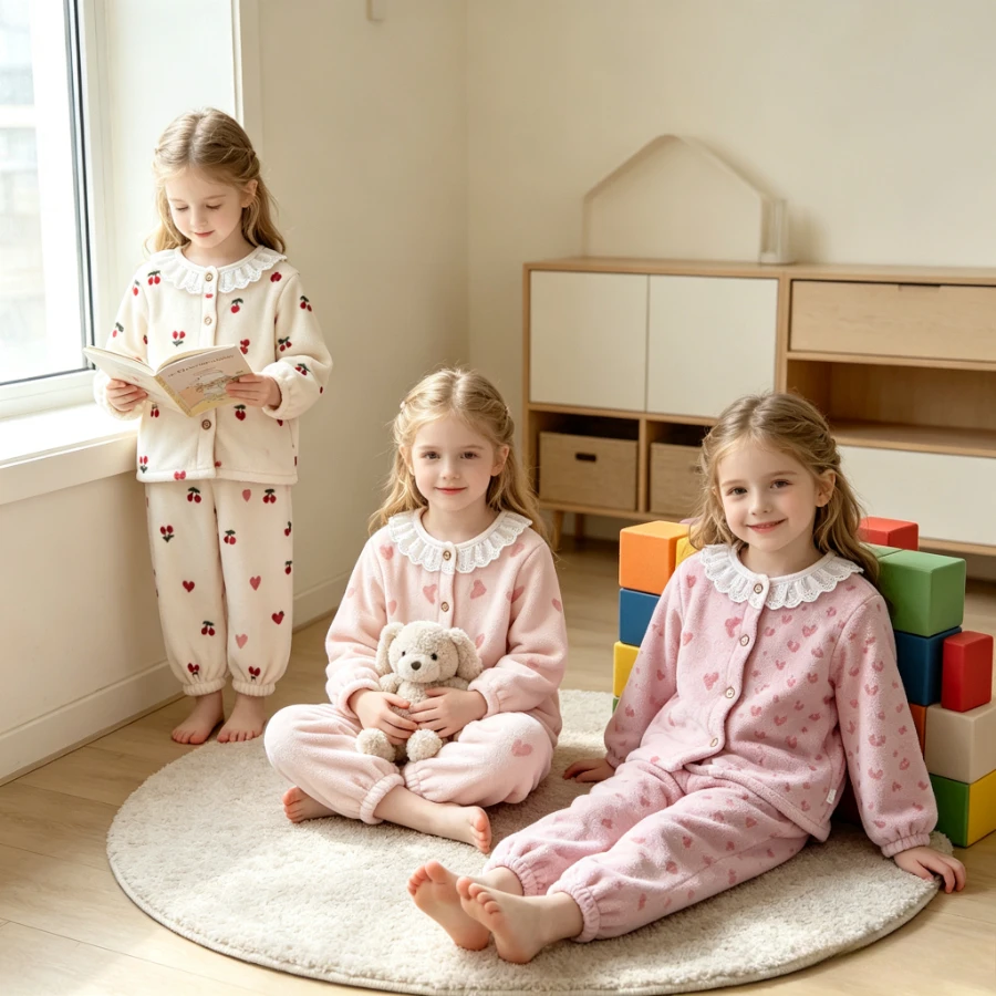 Toddler Girls Fleece Pajama Set Lace Ruffle Collar Warm Sleepwear Kids Heart Cherry Print 2-Piece home Loungewear Autumn Winter