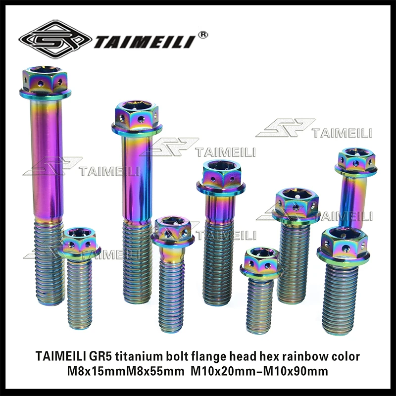 TAMEILI GR5 TC4 titanium alloy flange head internal and external hexagonal screws M8/M10×20-75mm rainbow color screws 1PCS