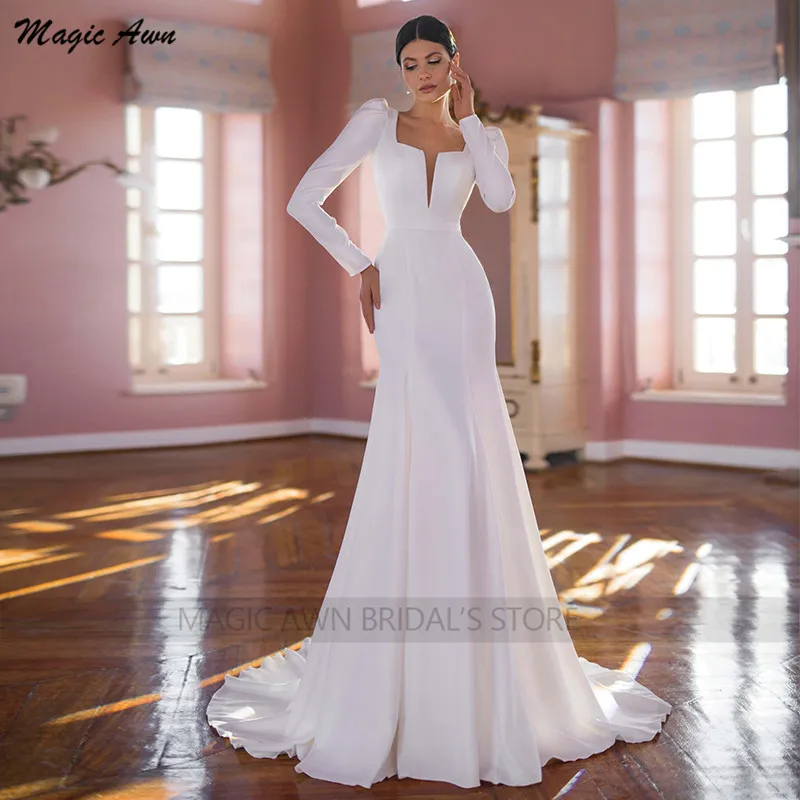 Magic Awn Long Sleeves Satin White Wedding Dresses Detachable Skirt Tulle Illusion Open Back Simple Bridal Gowns For Women Robes