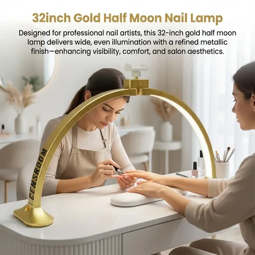 Imagen 2 del producto Luz LED de media luna dorada para tecnología de uñas, arco de luz plegable de 80cm para lámpara de escritorio de uñas con soporte para teléfono, luz artesanal para manicura