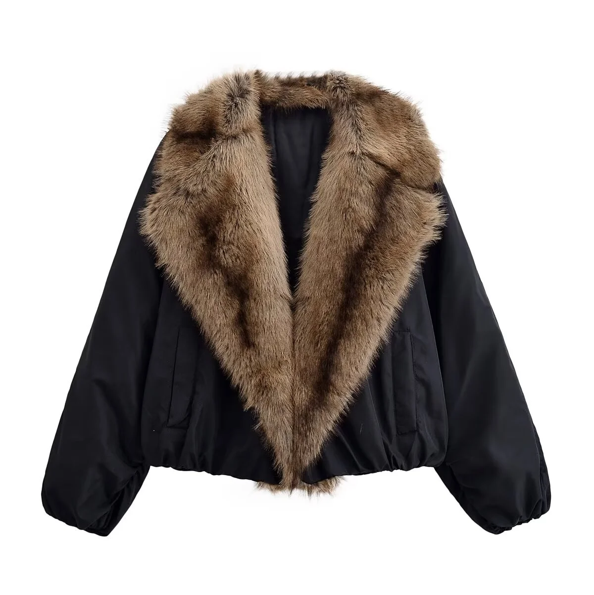 

2025 Winter New Women's Casual Fashionable Elegant Comfortable Faux Fur Effect Collar Bomber Warm Long-Sleeved Jacket