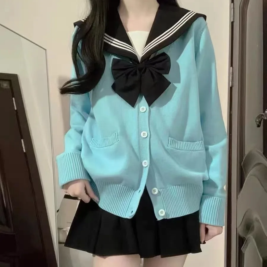 Spring Autumn V-Neck Knitted Cardigan Sweater Women's Japanese Style College Fashion  Color Thin Outerwear Long Sleeve Top