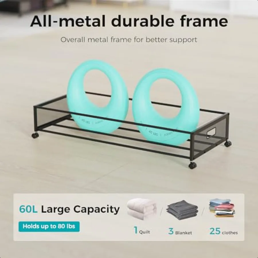 Large Under Bed Storage with Wheels Metal Under Bed Storage Containers with Clear Lid Handle Rolling Under Bed Shoe Storage Dra