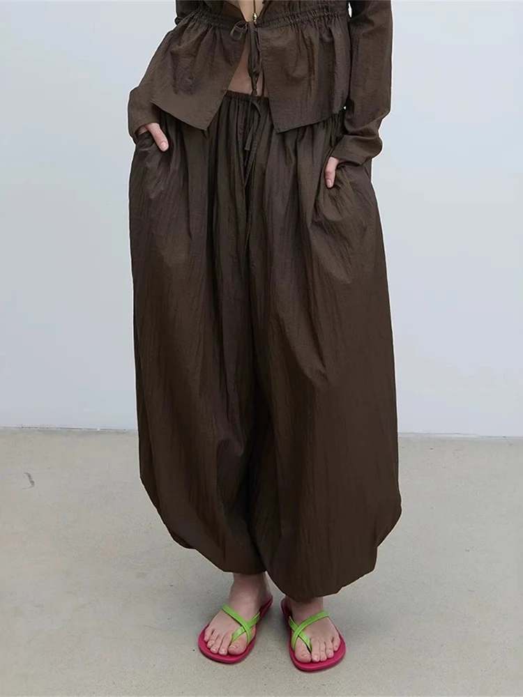 

Лето 2025 года, свободные повседневные широкие брюки с высокой талией и шнуровкой в стиле ретро, брюки-капри, универсальные зауженные брюки-фонарики