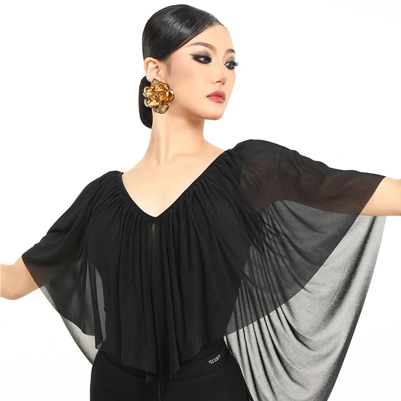 Standard Ballroom Dance Costume Women V-Neck Gauze Dancing Tops Waltz Tango Stage Wear Black Ballroom Practice Dancewear VDL2077