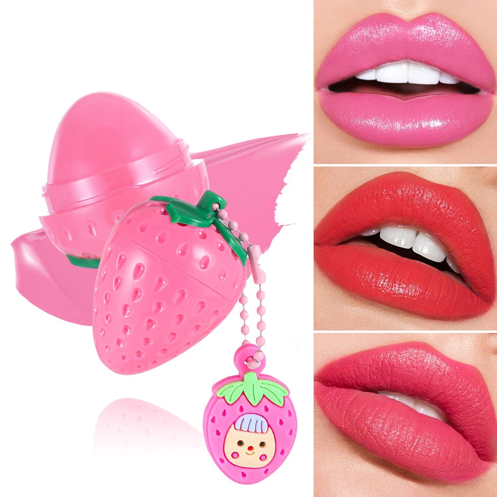Strawberry Tinted Lip Balm With Adorable Pendant,Hydrating Colored Lip Moisturizer,Long Wear Glossy Lip Care Balm