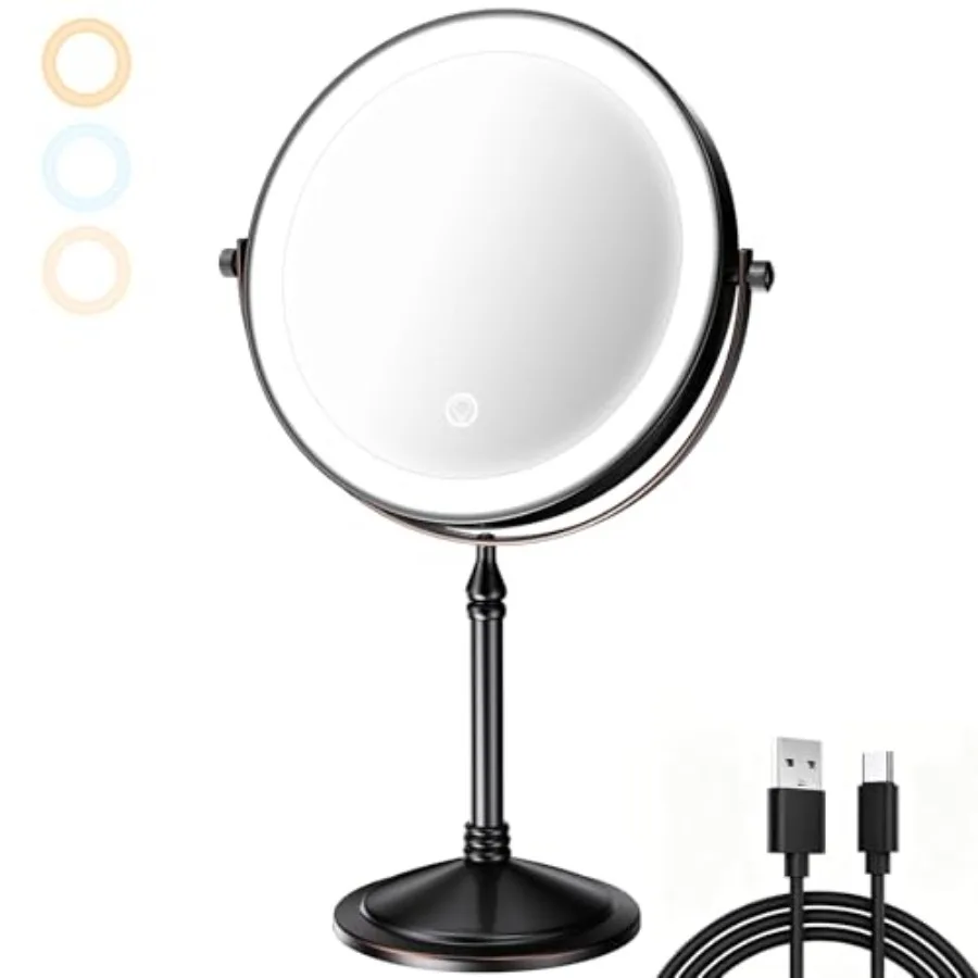 

Rechargeable Makeup Mirror with Lights and Magnification 10X, 3 Color LED Lights, Cordless Lighted Vanity Desk Mirror with Ligh