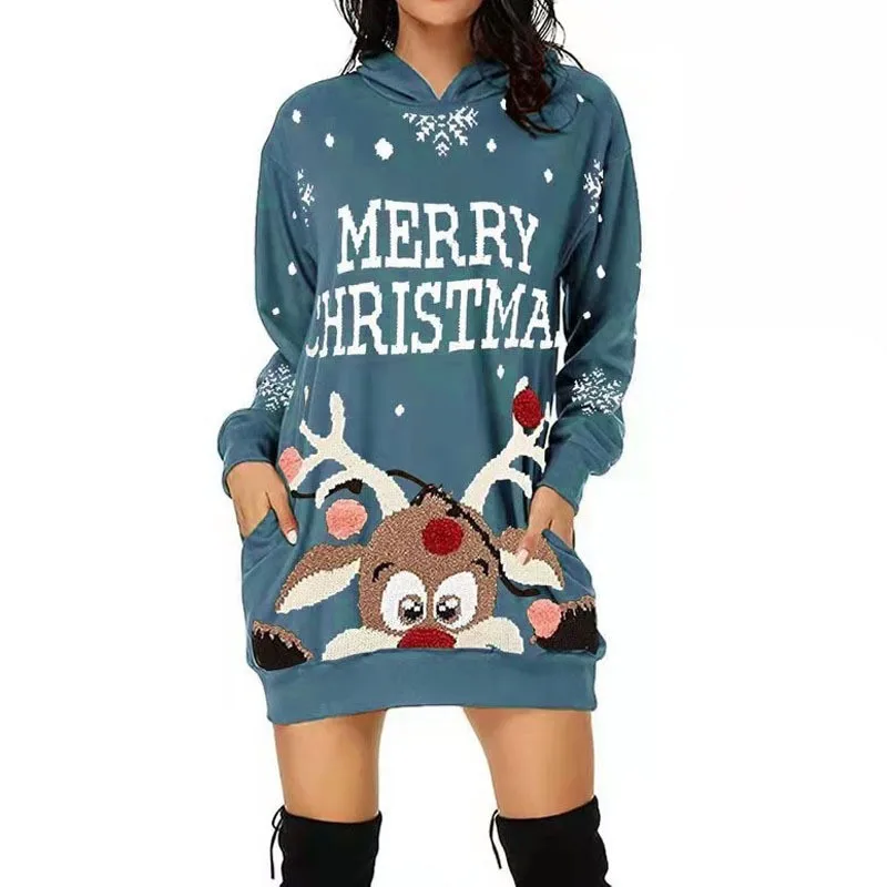 

Ladies' Fashionable Christmas Letter Print Casual Comfortable Long Sleeved Pocket Hooded Sweatshirt Loose Short Dress