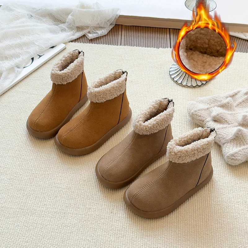 

Детские кожаные ботинки, замшевые теплые полусапожки на молнии сзади для девочек, корейский стиль, новинка зимы 202, детские ботильоны, нескользящие универсальные