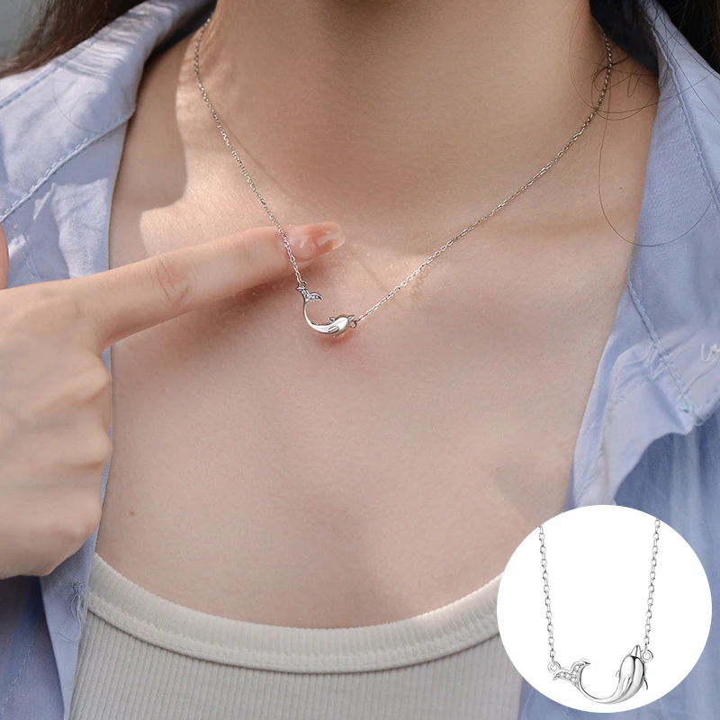 

100% 925 Sterling Silver Zircon Animal Necklace for Women Girl Fashion Simple Dolphin Design Jewelry Party Gift Dropshipping