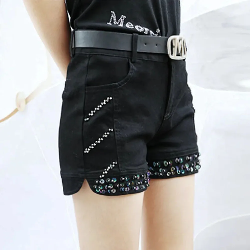 

Chic Sequin Women Shorts Tweed Buttons Casual Denim Short Pants High Waist A-line Shorts Female Irregular Summer Jean Pants Lady