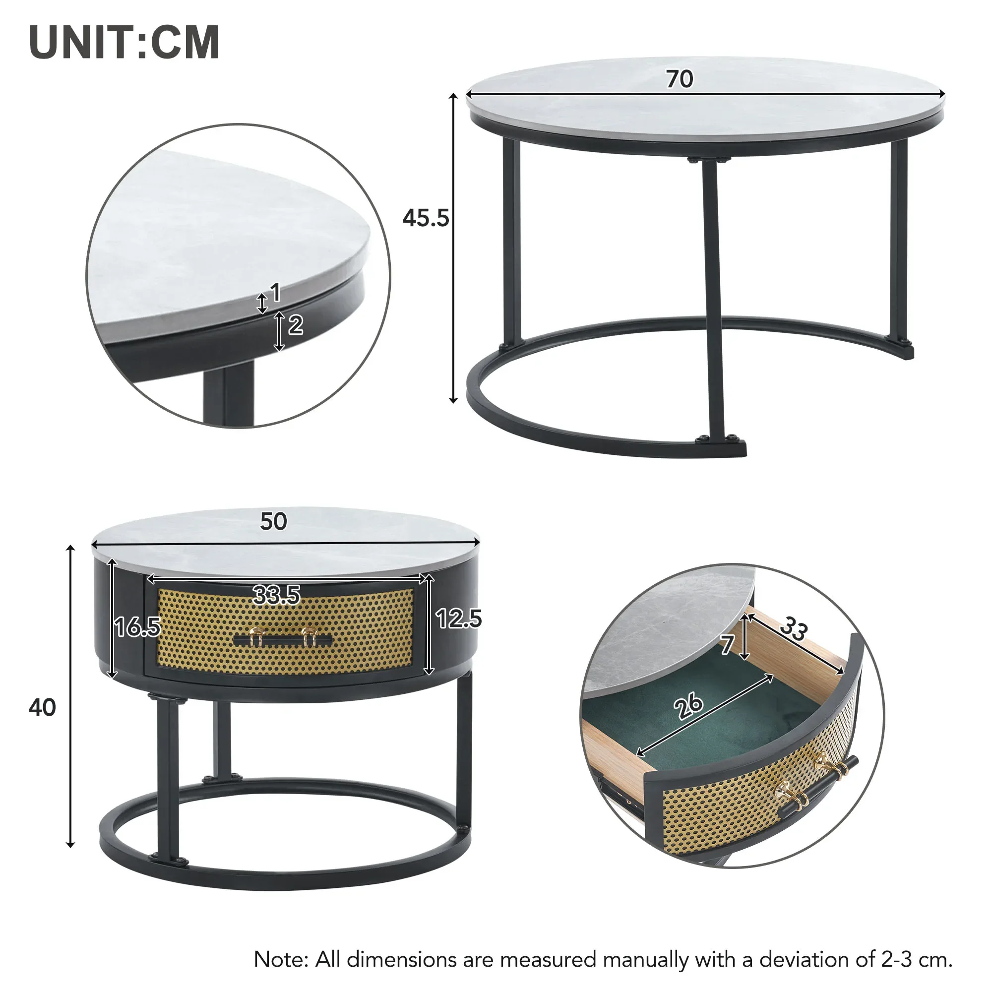 VSOGA Elegant Two-piece Coffee Table Set - Gray Marble Top And Solid Wood Drawers, Matching , 70*70*45.5+50*50*40 Cm