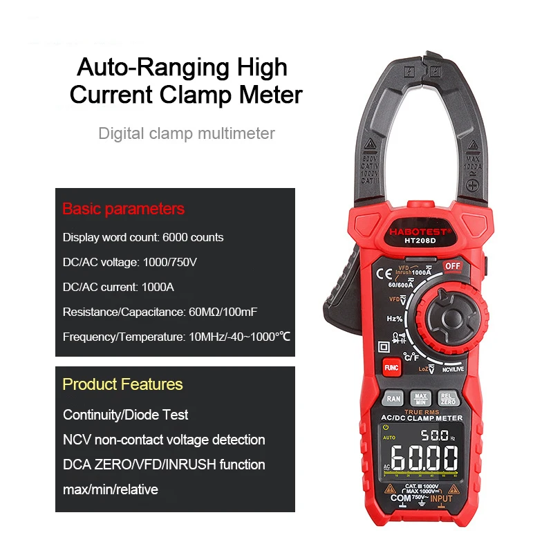 HT208 Professional Digital Clamp Meter AC DC 1000A Pliers Ammeter NCV Voltmeter VFD REL Resistor Capacitance Test Current Clamps