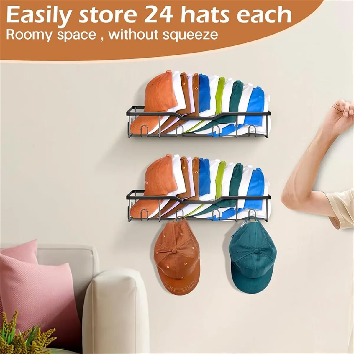 KSOL Hat Racks for Baseball Caps Wall Hat Organizer Fit 20 Caps Holder,2Packs Sturdy Wall Mounted Hat Storage Organizer White