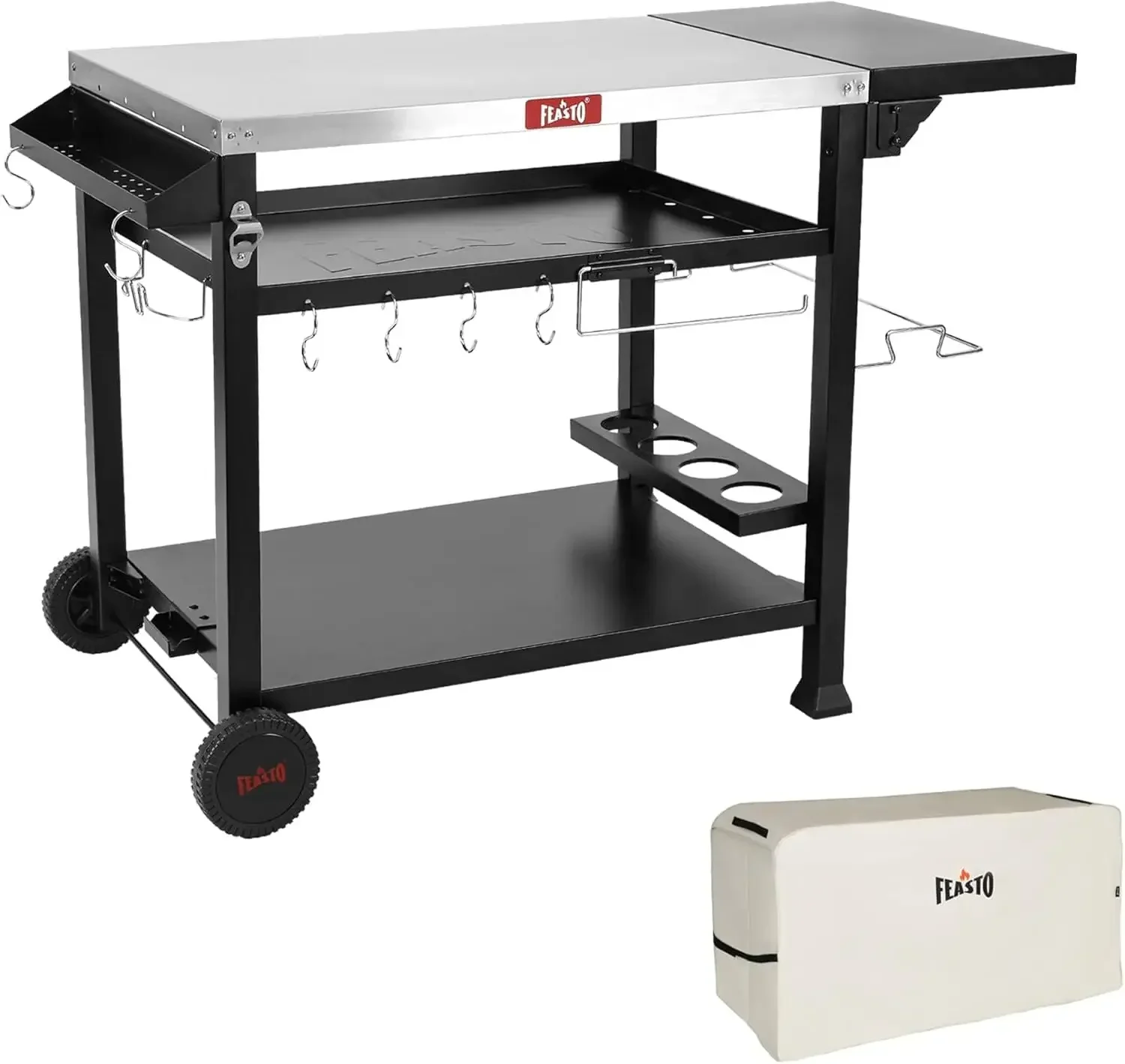 Shelf Movable Food Prep and Work Cart Table, Home and Outdoor Multifunctional Stainless Steel Table Top Worktable on Two Wheels,