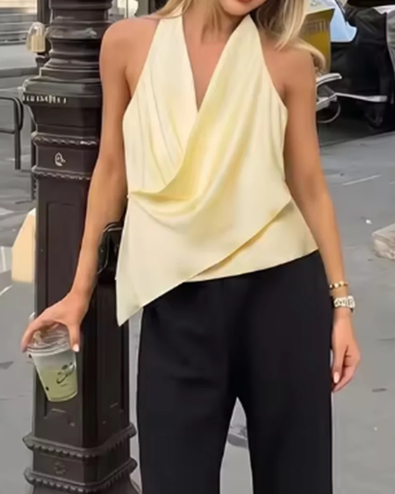Women's Top 2026 New Fashion Summer Satin-Textured Halter Top for Women Sexy Chic Vacation-Style Ladies Top