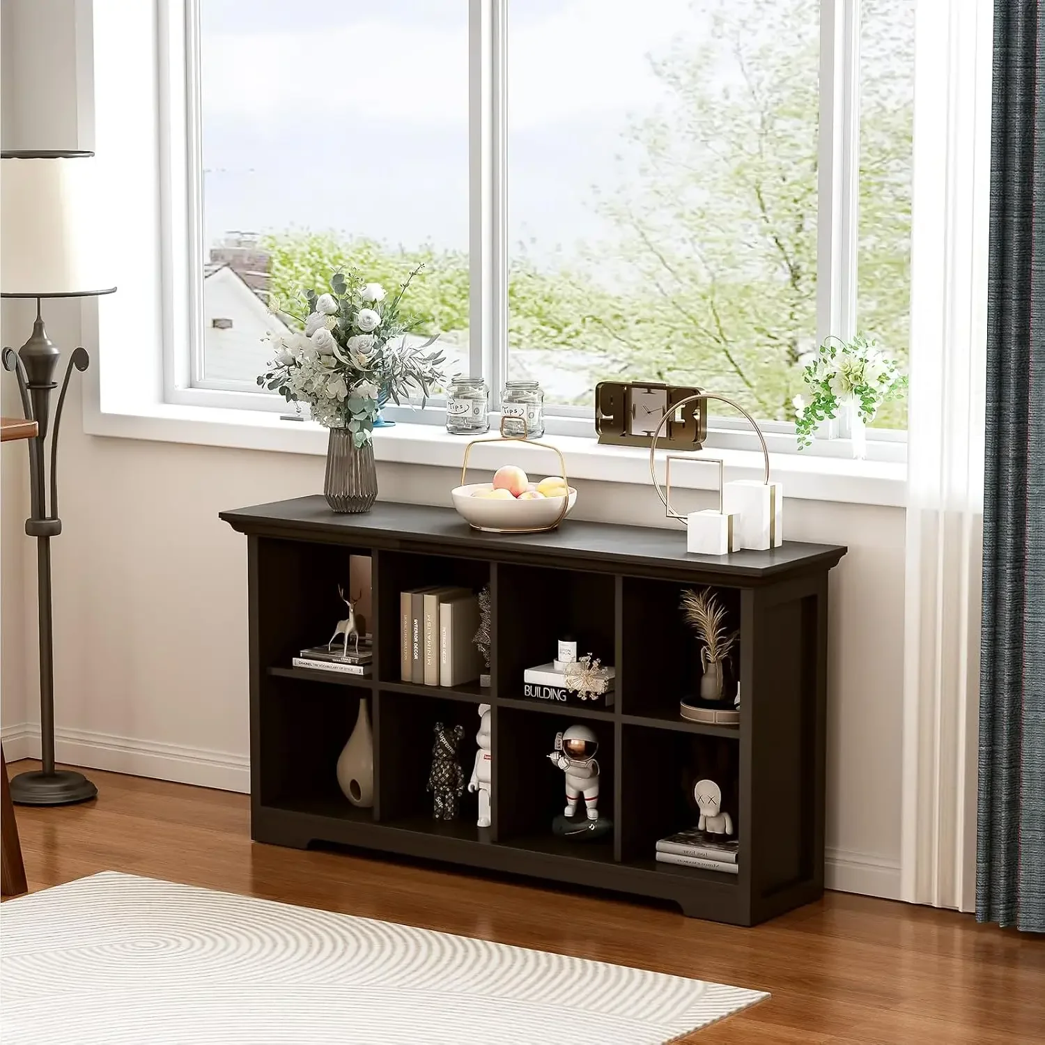 8-Cube Open Bookcase with Base, 2-Tier Low Cabinet, Black | Curved Base, Crown Molding, Fits 11×11