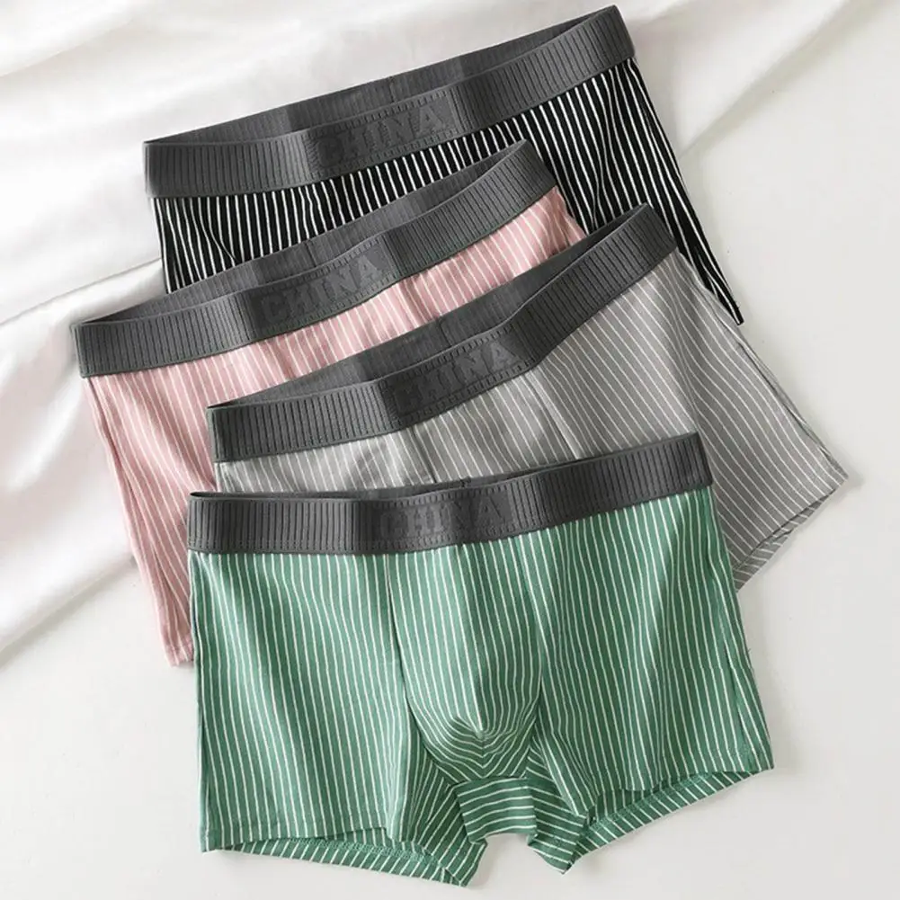 

Men Simple Shorts Panties Mid-rise Elastic Waistband Underwear Striped Print Patchwork Color U Convex Underpants