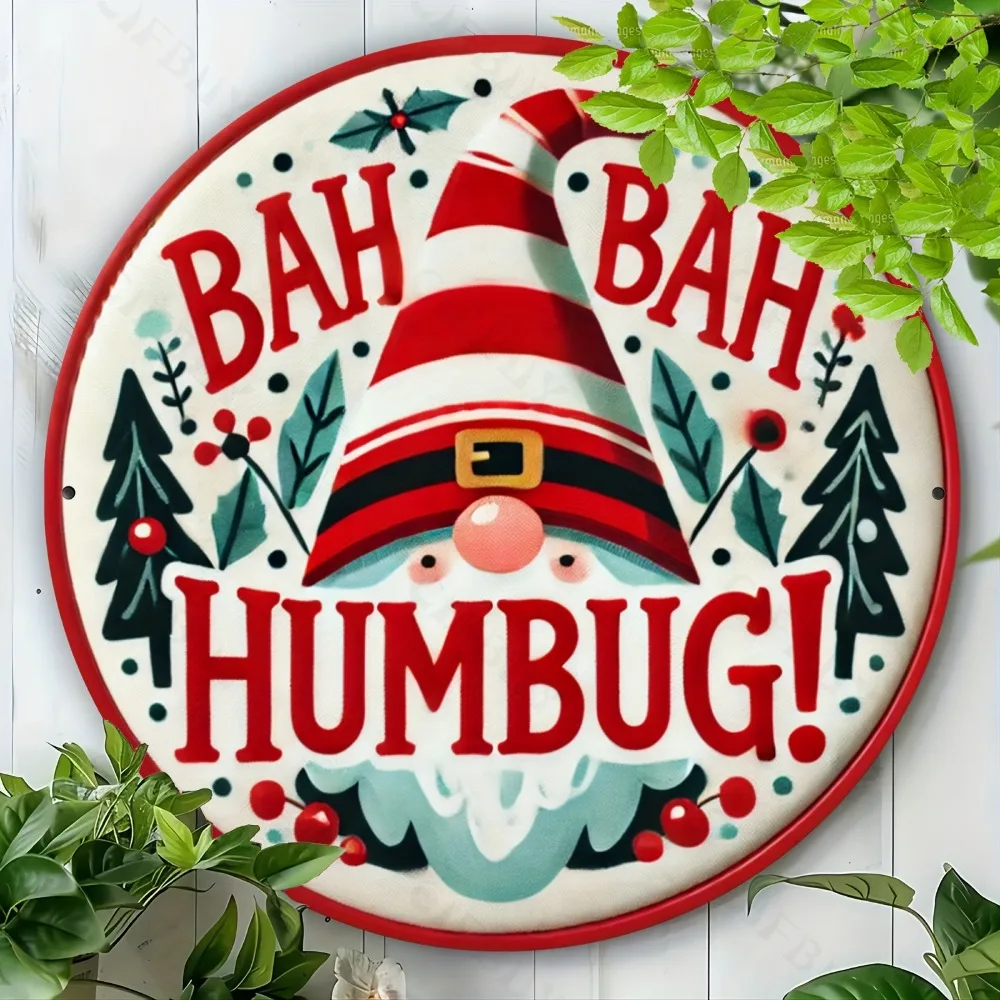 Marken-Weihnachts-Wandkunstschild aus Aluminium – „Bah Humbug“, Weihnachtsmütze, vertikales Dekor, nicht elektrisch, für Zuhause, Café, Esszimmer, Urlaubsgeschenk