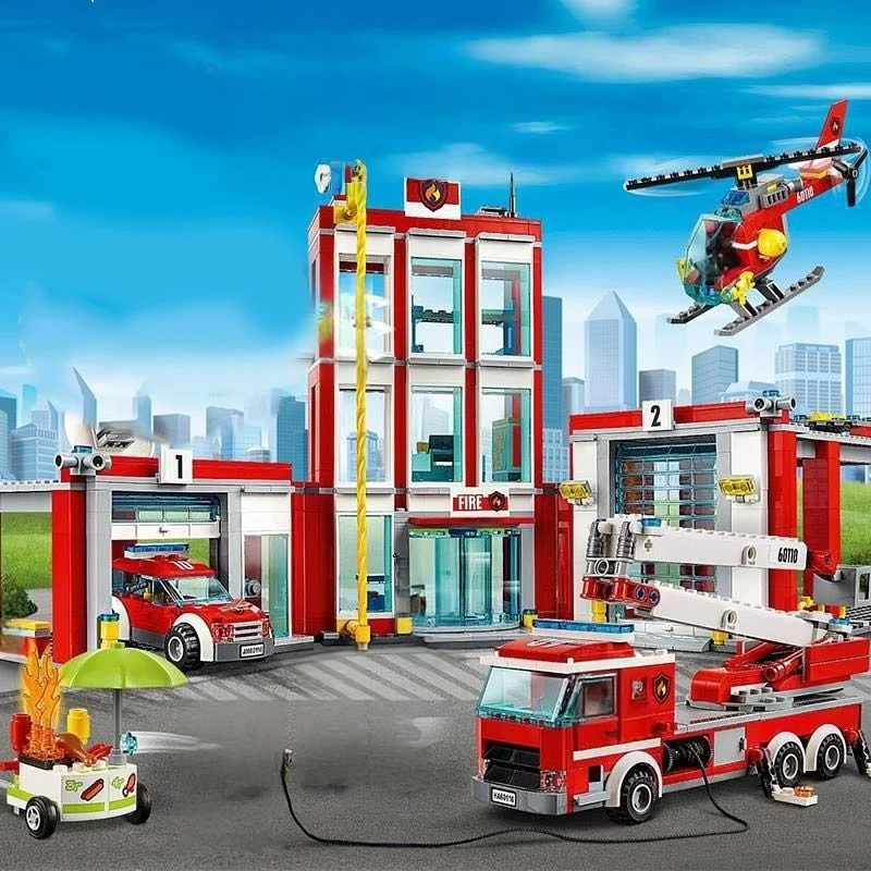 

City series fire station truck helicopter car rescue vehicle aircraft model Moc building block toy, suitable for boys gifts