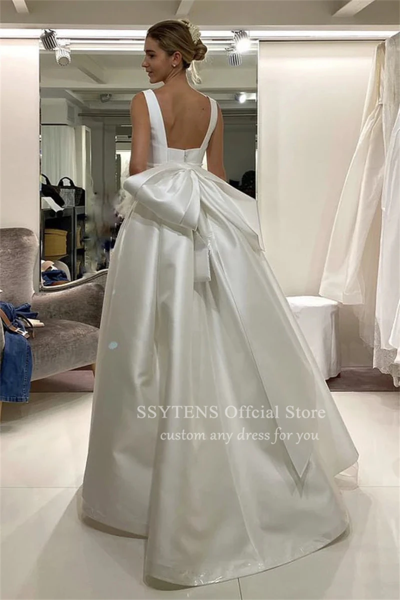 SSYTENS Weißes Hochzeitskleid mit Trägern, Brautparty-Kleider, Schleife hinten, Satin, maßgeschneidertes ziviles Brautkleid, Vestidos De Boda Para Fiestas