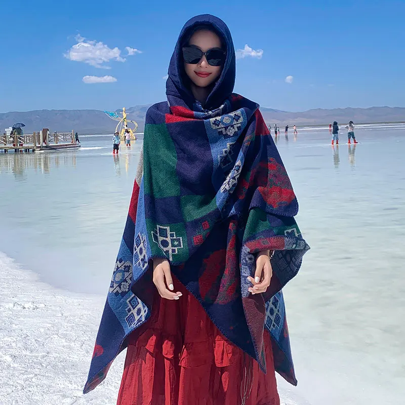 秋と冬のフェイクカシミヤポンチョエスニックスタイルラップ旅行特大居心地の良いスカーフ厚く暖かいアウターケープP2