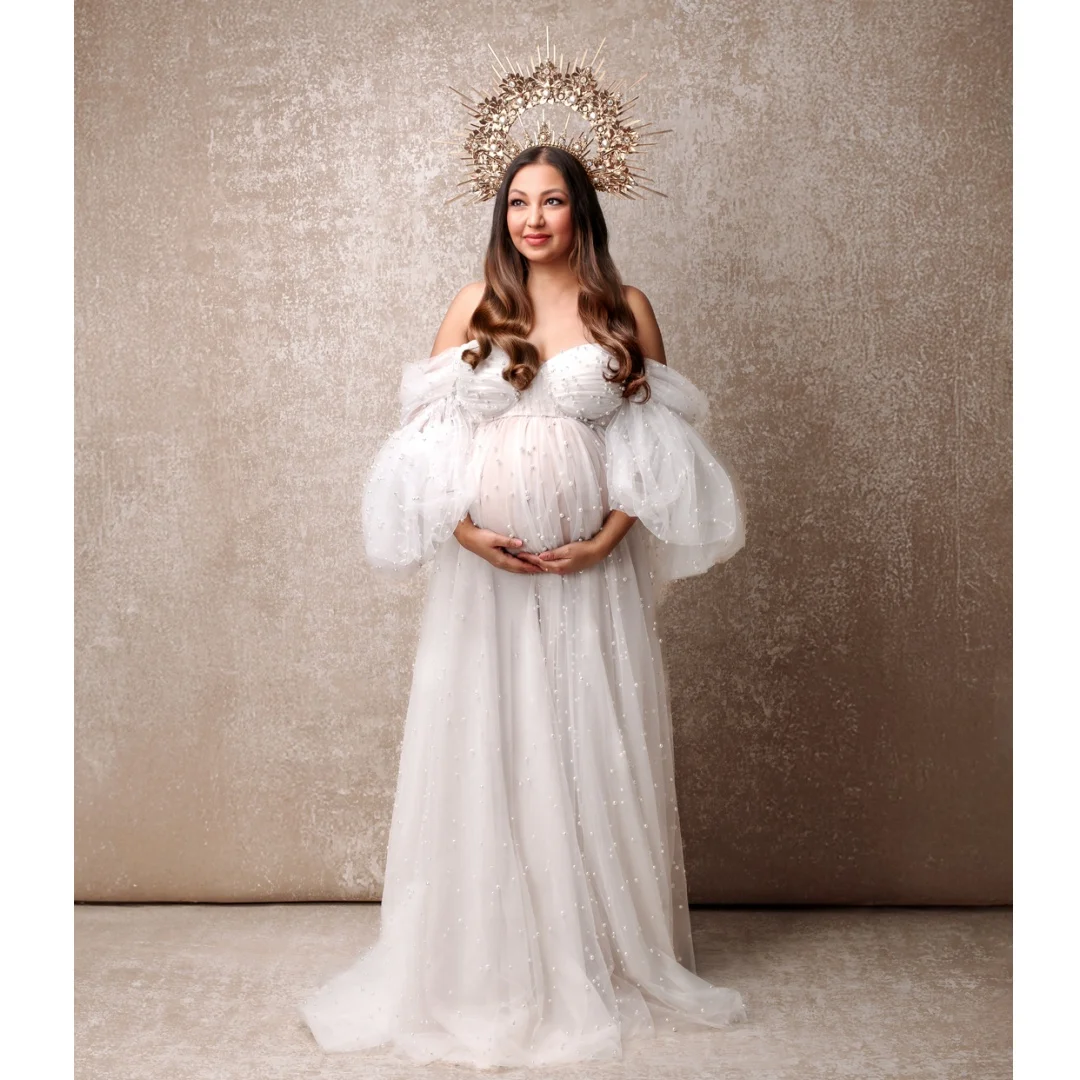 

Pearls Prom Dresses Off the Shoulder Long Sleeves Maternity Photoshoot Dress Customized vestido de novia Photography Props