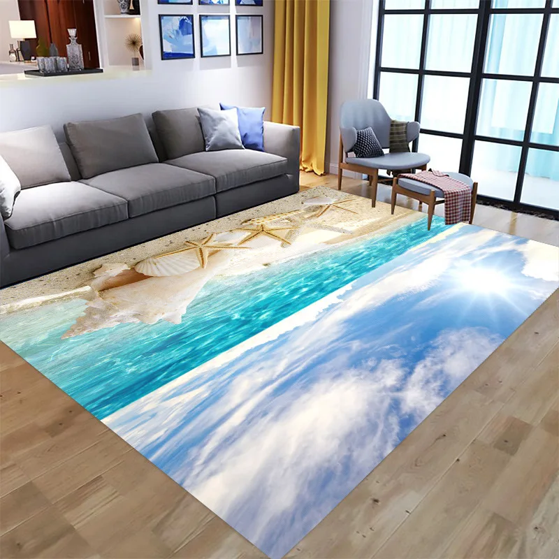 Tropical Beach Ocean Area Rug Sunny Seaside Starfish Seashell Clear Blue Wave Cloud Sky Print Floor Mat Fresh Coastal Style