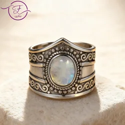 New Vintage Natural Moonstone Ring for Women 7*9MM Oval Big Gemstone S925 Silver Rings Fashion Personality Fine Jewelry Gifts