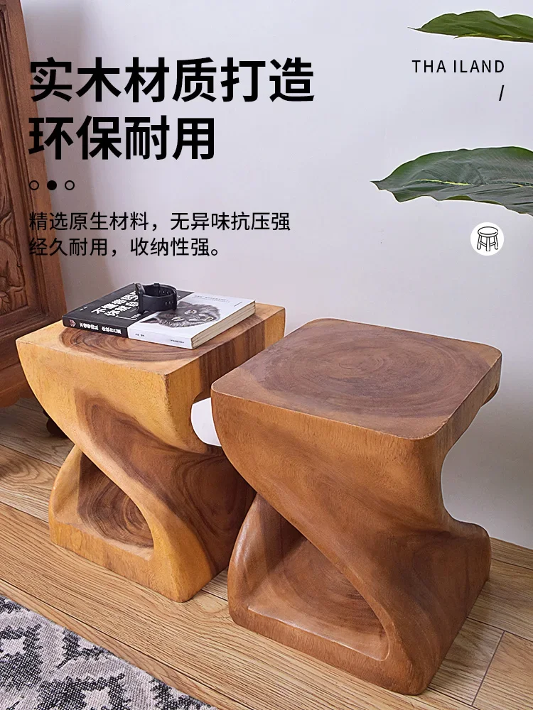 Creative solid wood pier log stump stool household seat  root carving   wooden  shoe changing