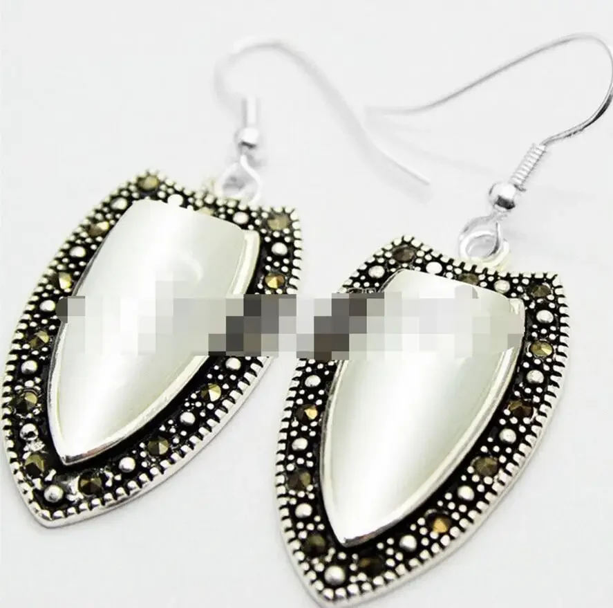 WHITE OPAL SILVER DANGLE SS EARRINGS W.HEMATITE