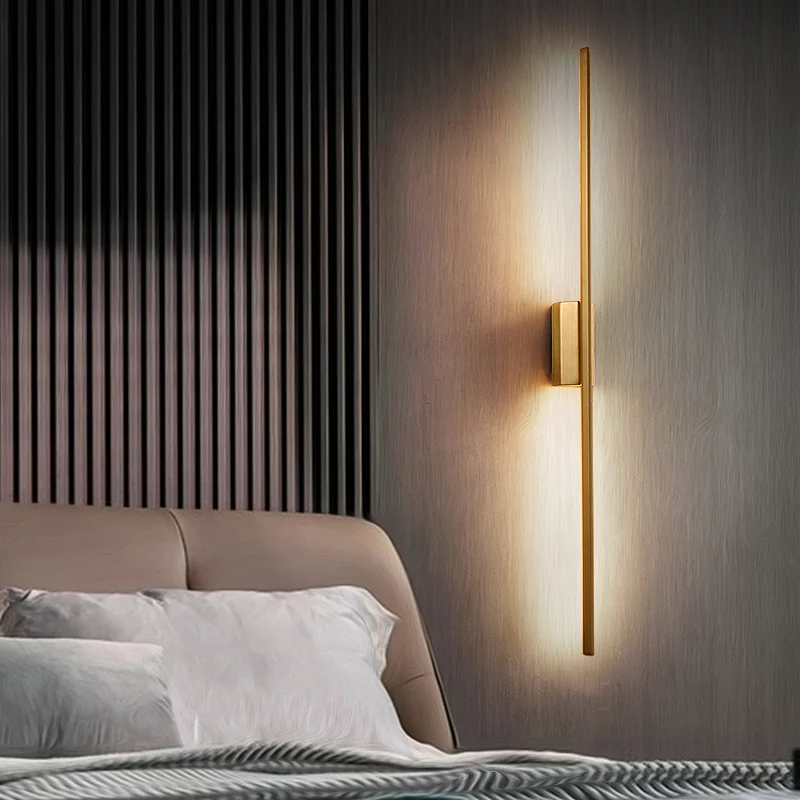 

Long Strip Line Copper Wall Sconce Living Room Decoration Vintage Nordic LED Lighting Background Modern Bedroom Bedside Lamps