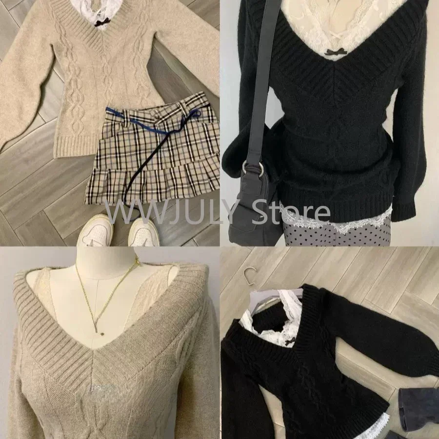 Outono inverno feminino 2000s estética gyaru chique coreano y2k conjuntos de duas peças jumper camisola manga longa coquette malhas estilo