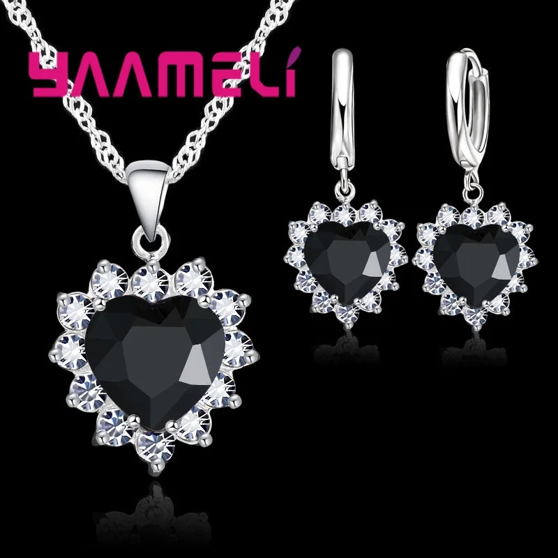 925 Sterling Silver Trendy Heart Pendant Crystal Necklace Loop Earring Wedding Jewelry Sets CZ Cubic Zircon Accessory