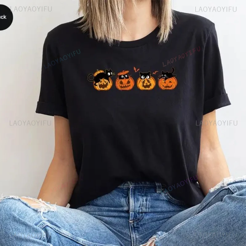 Happy Halloween Funny Cat Pumpkin Cotton T-Shirt All Saints' Day Boo Ghost Woman Man Printed T-shirt Trick or Treat Short-sleev