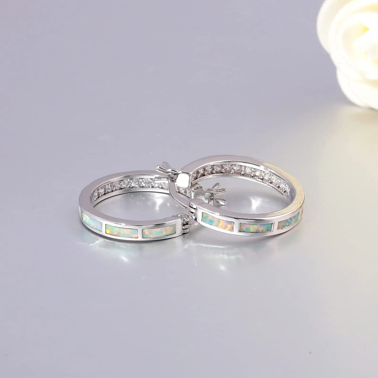 Fashion Round Circle Hoop Earrings for Women Silver Color Birthstone Imitation Opal Earrings Engagement Wedding Jewelry Gift