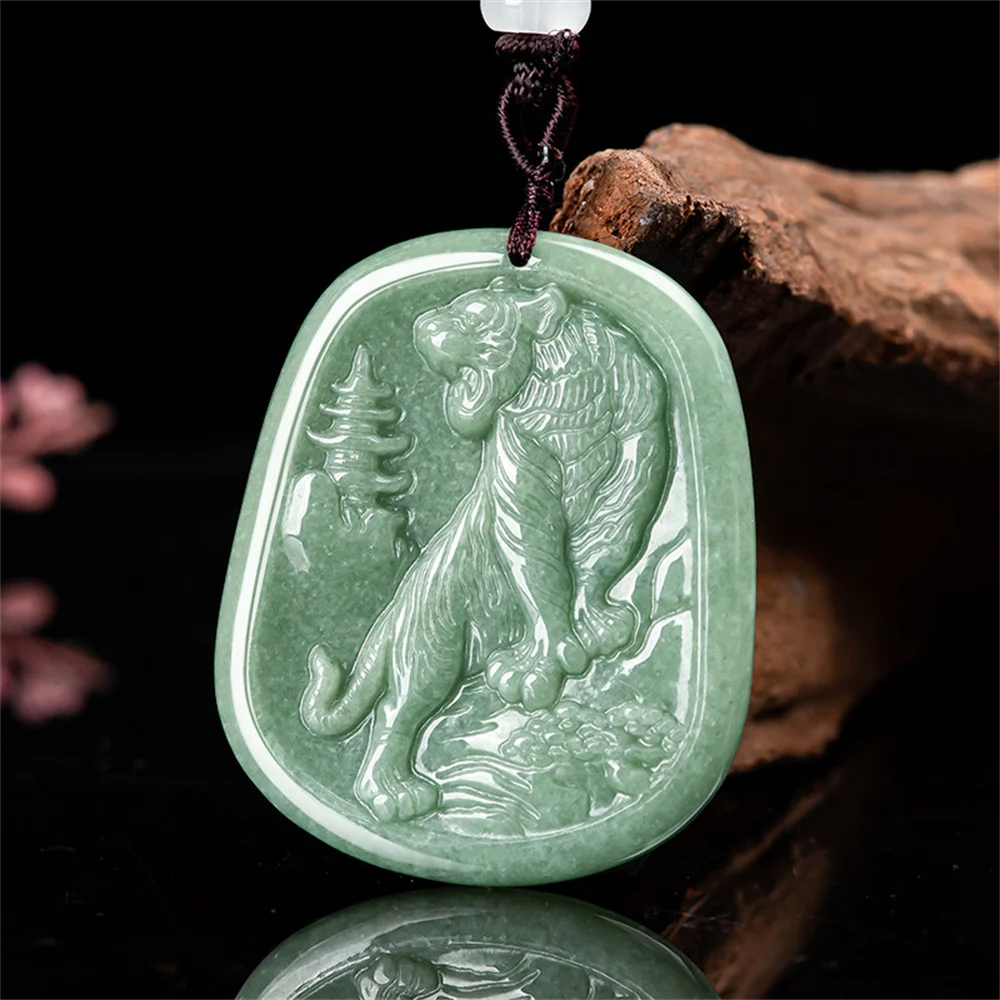 

Natural Green Jadeite Carved Tiger Lucky Animals Pendant Amulet Necklace Certificate Luxury Jade Vintage Trendy Gift Jewelry
