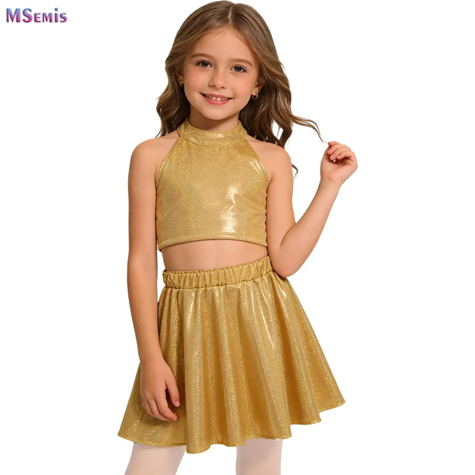 Kid Girls 2-piece Metallic Dance Outfit Sleeveless Vest with Skirt Suit Hip Hop Modern Jazz Cheerleading Chorus Performance Wear