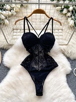Foamlina Sexy Lace Push Up Bodysuit See Through Mesh Patchwork Sleeveless Slim Thin One Pieces Elegant Women's Strappy Lingerie - Image 3