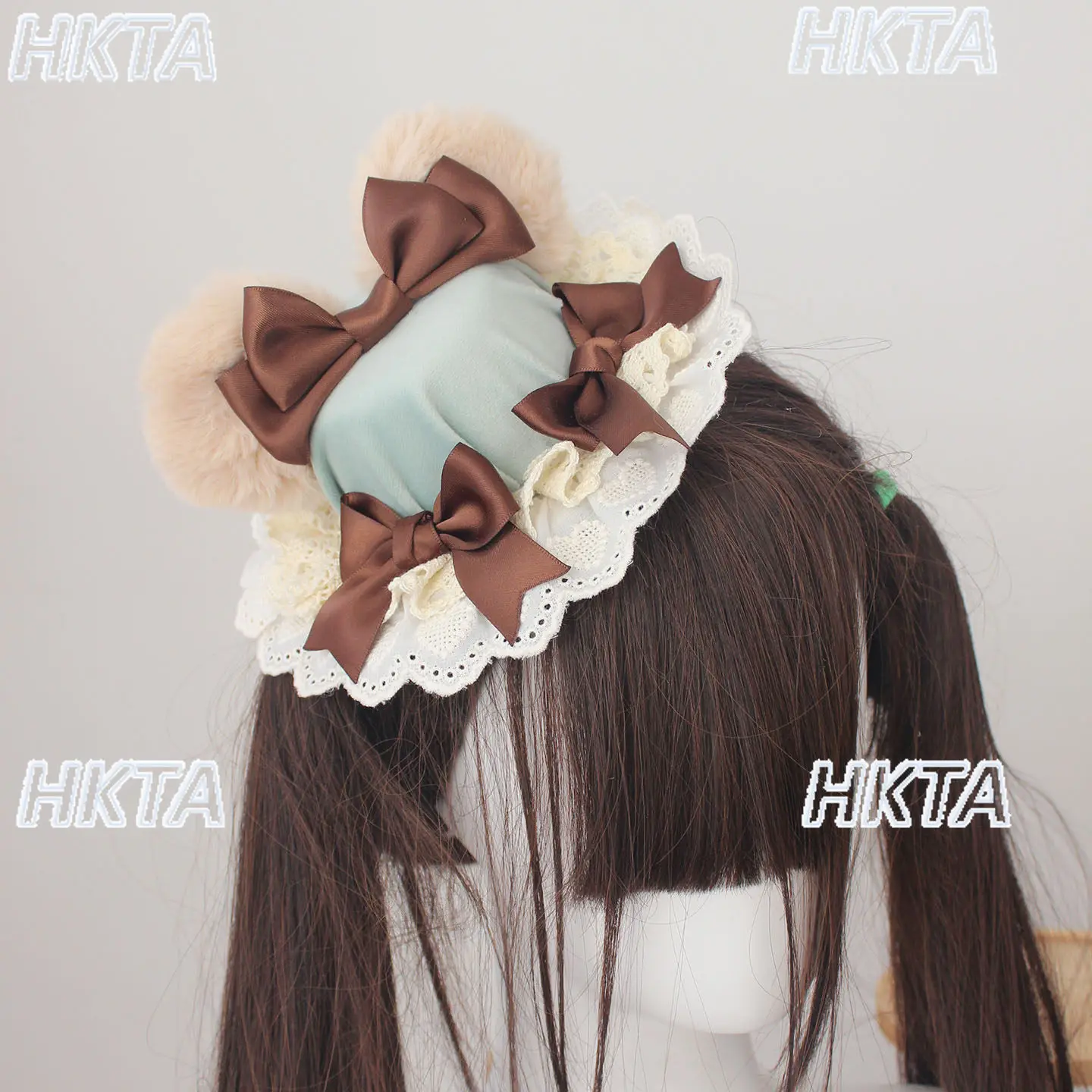 Chapeau bob original fait main, motif ours de dessin animé mignon, rose et vert, avec oreilles d'ours, petit chapeau Lolita pour filles, petit chapeau mignon, costume de cosplay