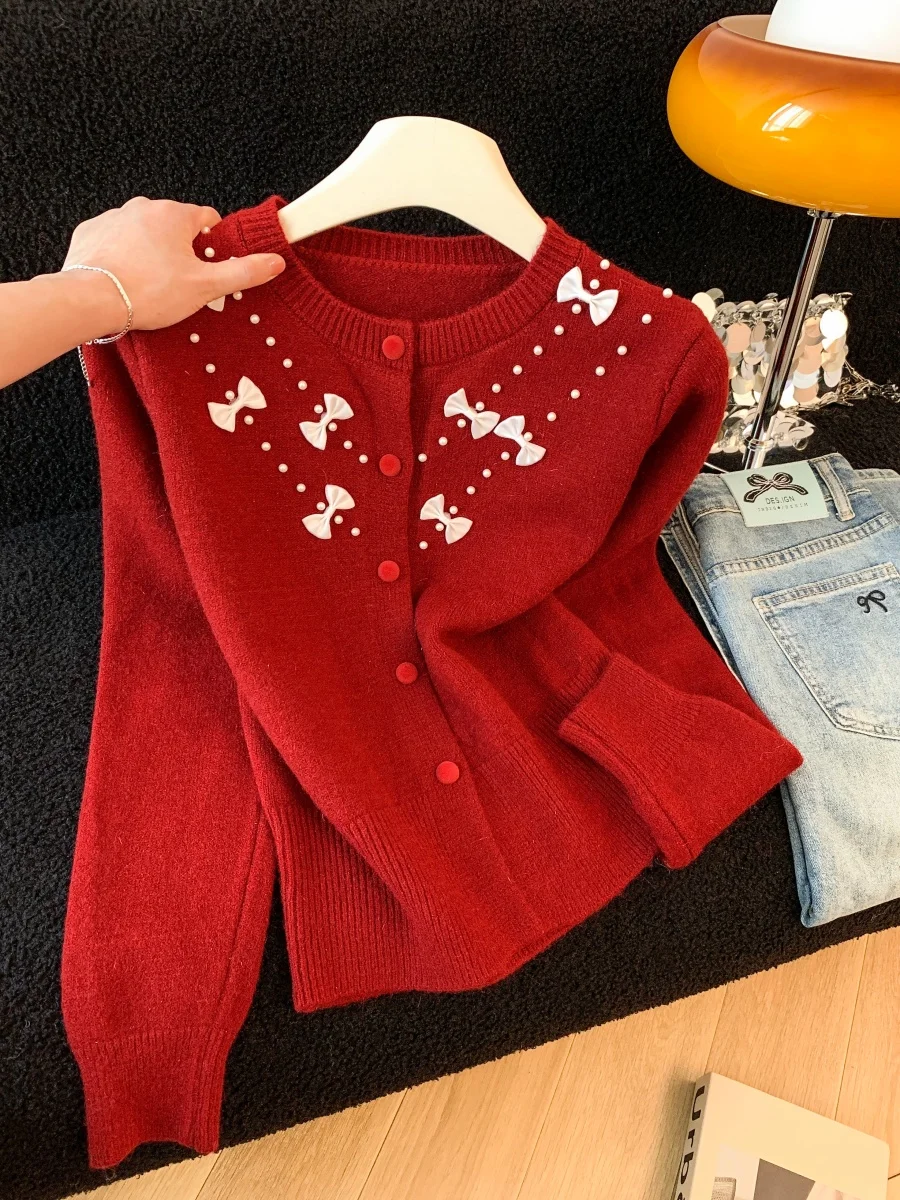 Cardigan ouvert tricoté à nœud rouge pour femme, pull rond avec perles, printemps, automne et hiver, Ne Year, Jaet pour les déplacements