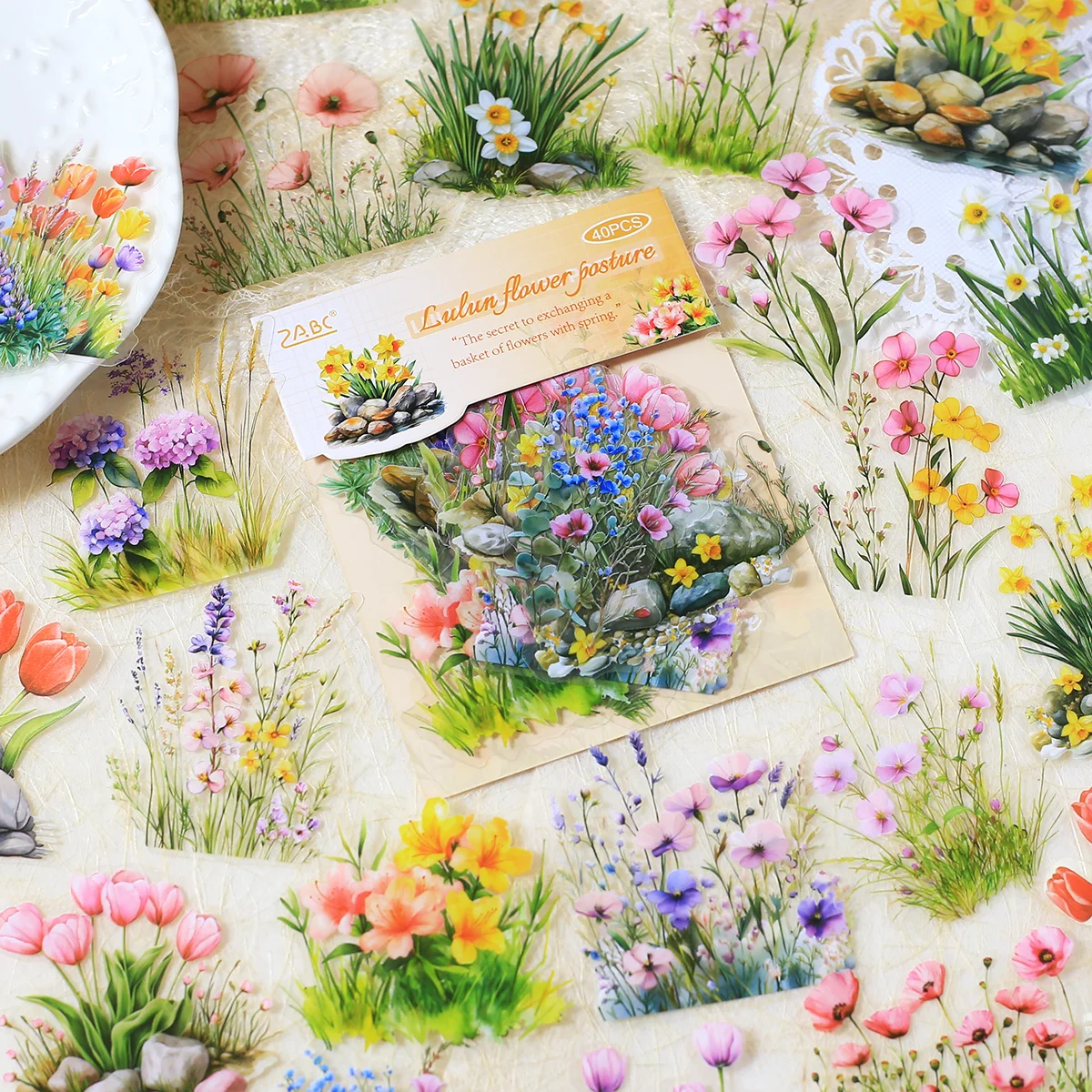 40 Stück PET-Blumenmuster, Scrapbook-Aufkleber, Tagebuch, Dekoration, Scrapbooking-Zubehör, handgefertigt, dekorativ, Junk-Journal-Zubehör