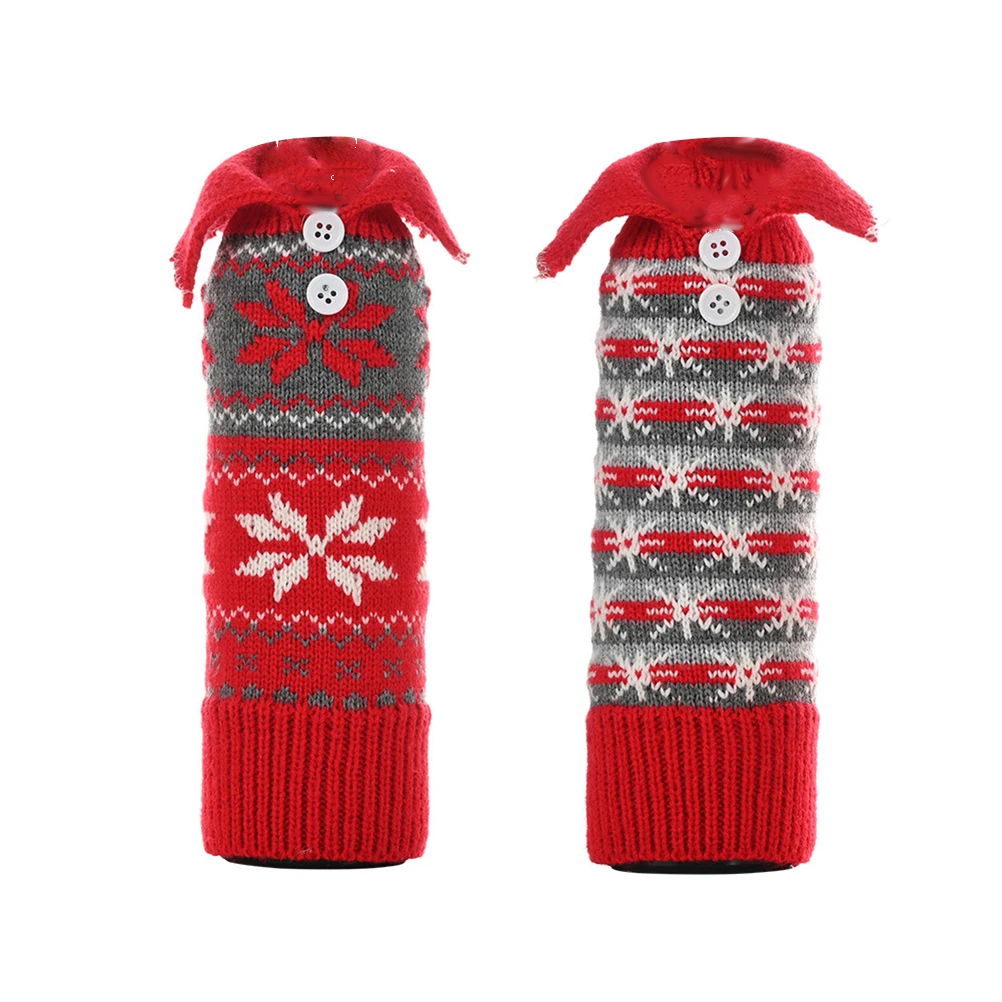 

2Pcs Christmas Wine Bottle Cover Red Button Knitting Snowflake Pattern Pouch Holiday Decoration Xmas Party Table Wine Cover