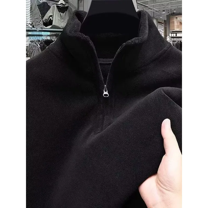Premium Men's Thickened Fleece Hoodie Jacket for Autumn Winter, Half Zipper Stand Collar Sweatshirt, Warm Casual Style Long